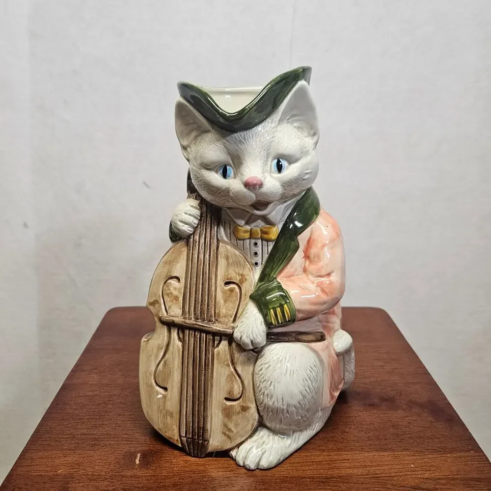 Vintage Fitz & Floyd Ceramic Pitcher Hand Painted Cat Playing Cello 1986